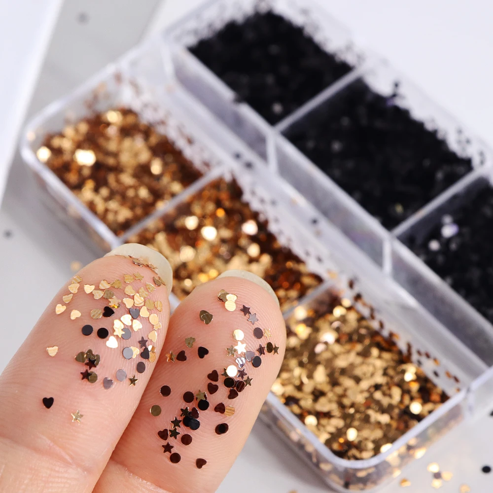 블랙 골드 폴카 도트 네일 아트 반짝이 장식 조각 빈티지 매니큐어 Paillettes 버블 별 하트 모양 손톱 장식 액세서리