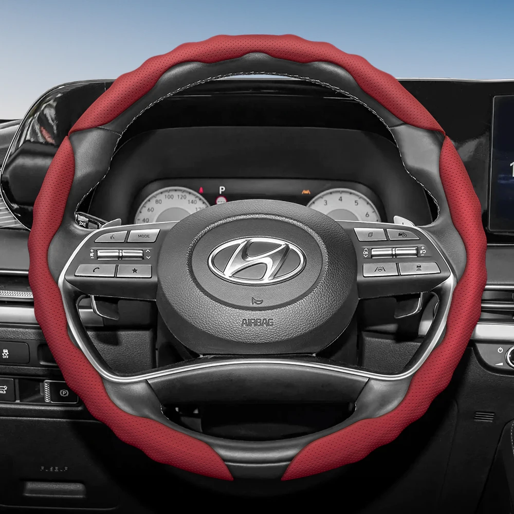 Steering Wheel Cover with Wavy Sports Design - Breathable Leather, Segmented Anti-Slip, Sweat-Absorbing Protective Cover