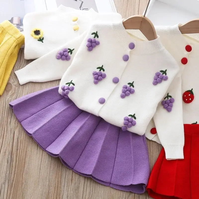 Autumn and Winter Children's Long sleeved Knitted Pants Warm Girls' Sweater Cardigan Knitted Top+Half Skirt Two Piece Set