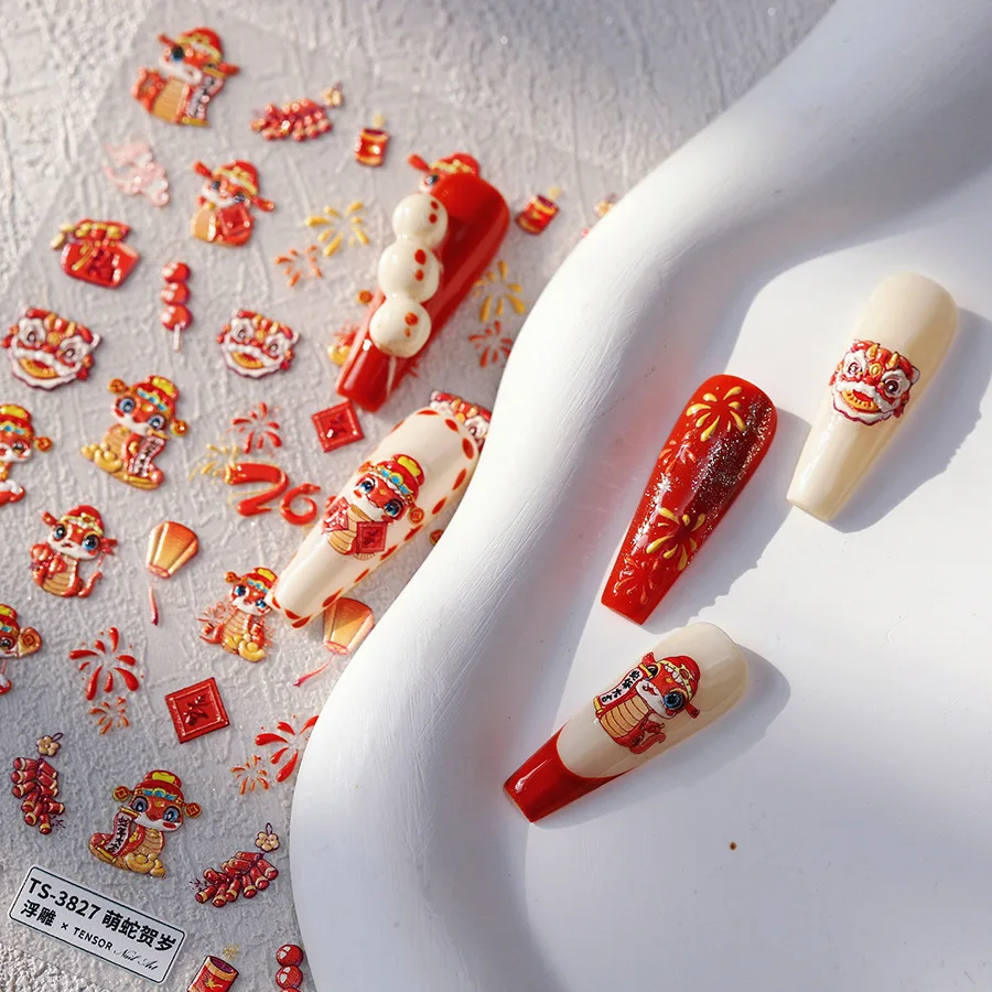 5D Relief Happy New Year 2025 Cute Snake Greetings Blessing Firecracker Adhesive Nail Art Stickers Decals Manicure Ornaments 3
