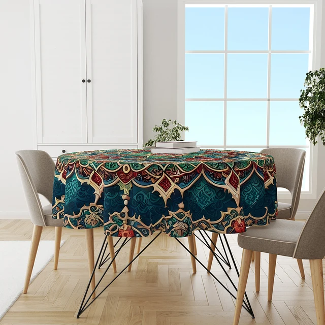 Nappe ronde en polyester à motif floral bohème, couverture de table circulaire, imperméable, pour document, terrasse, table à manger, grill pour la maison 3