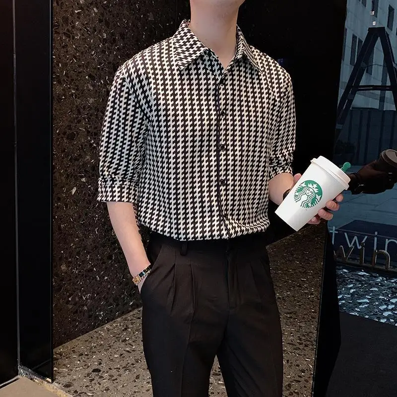 2023 Summer Korean Fashion Neat Capable Blouse Man Three Quarter Sleeve Business Casual Polo Shirt Loose Streetwear Male Clothes