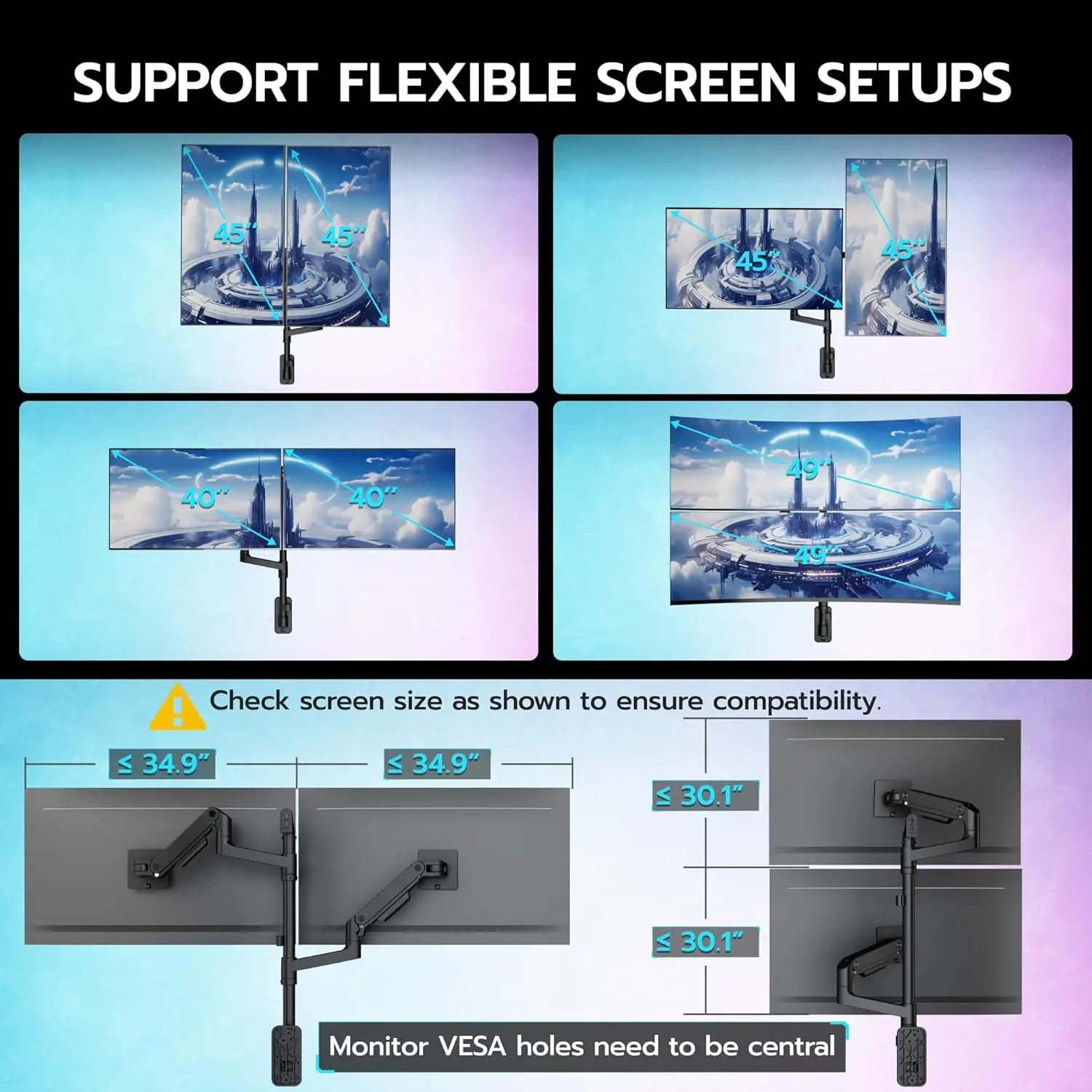 Dual Monitor Wall Mount for 17-49 Inch Ultrawide Screens, Heavy Duty Wall Mount Monitor Arm Holds 44 lbs Each, Fully Adjustable