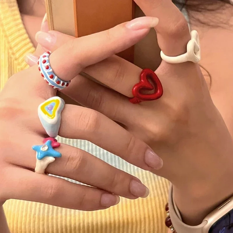

Y2K Women Girls Funny Summer Chunky Jewelry Colorful Enamel Heart Sweet Ring Dopamine Style Trendy Geometric Dripping Oil Rings