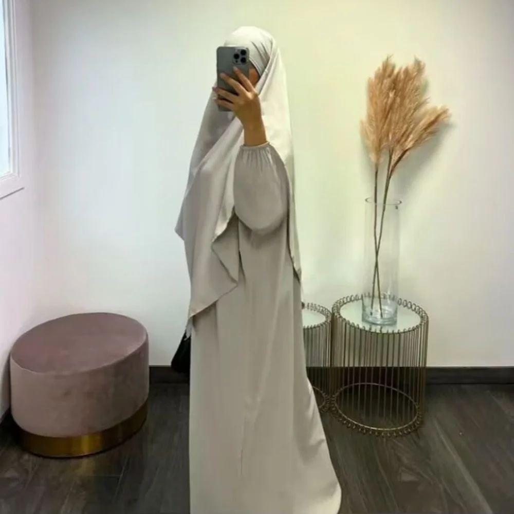 Jilbab 여성 기도복, 라마단 이슬람 Jilbeb 2 종 세트, 두바이 터키식 겸손 의상, 레이어드 Khimar 스카프, 히잡 롱 드레스