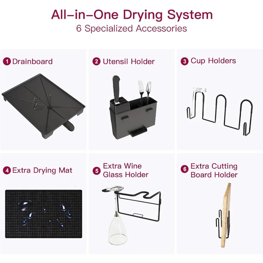 2 Tier Black Large Stainless Steel Dish Drainers Drying Rack for Kitchen Counter with Drainboard Rust Proof Metal Space Saving