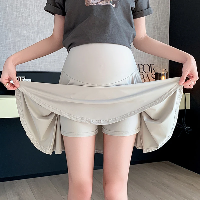 Summer Maternity Belly Skirts Solid Color Ice Silk Stretched Pregnant Woman Pleated Sport Skirt with Lining Short Skorts