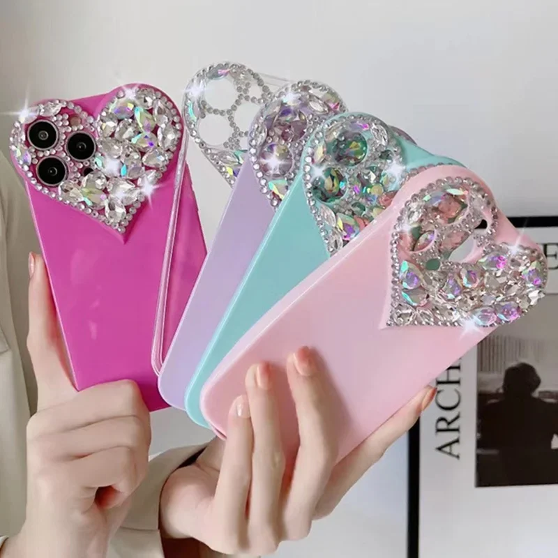 Phone Case Love Heart Rhinestone for iPhone 16 15 14 13 12 11 Pro Xs Max XR 8Plus SE2/SE3