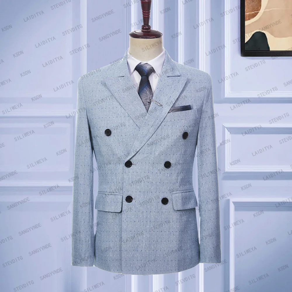 

Мужской льняной костюм в клетку, синий или белый двубортный приталенный деловой смокинг, свадебный пиджак, пальто, Новинка лета 2023