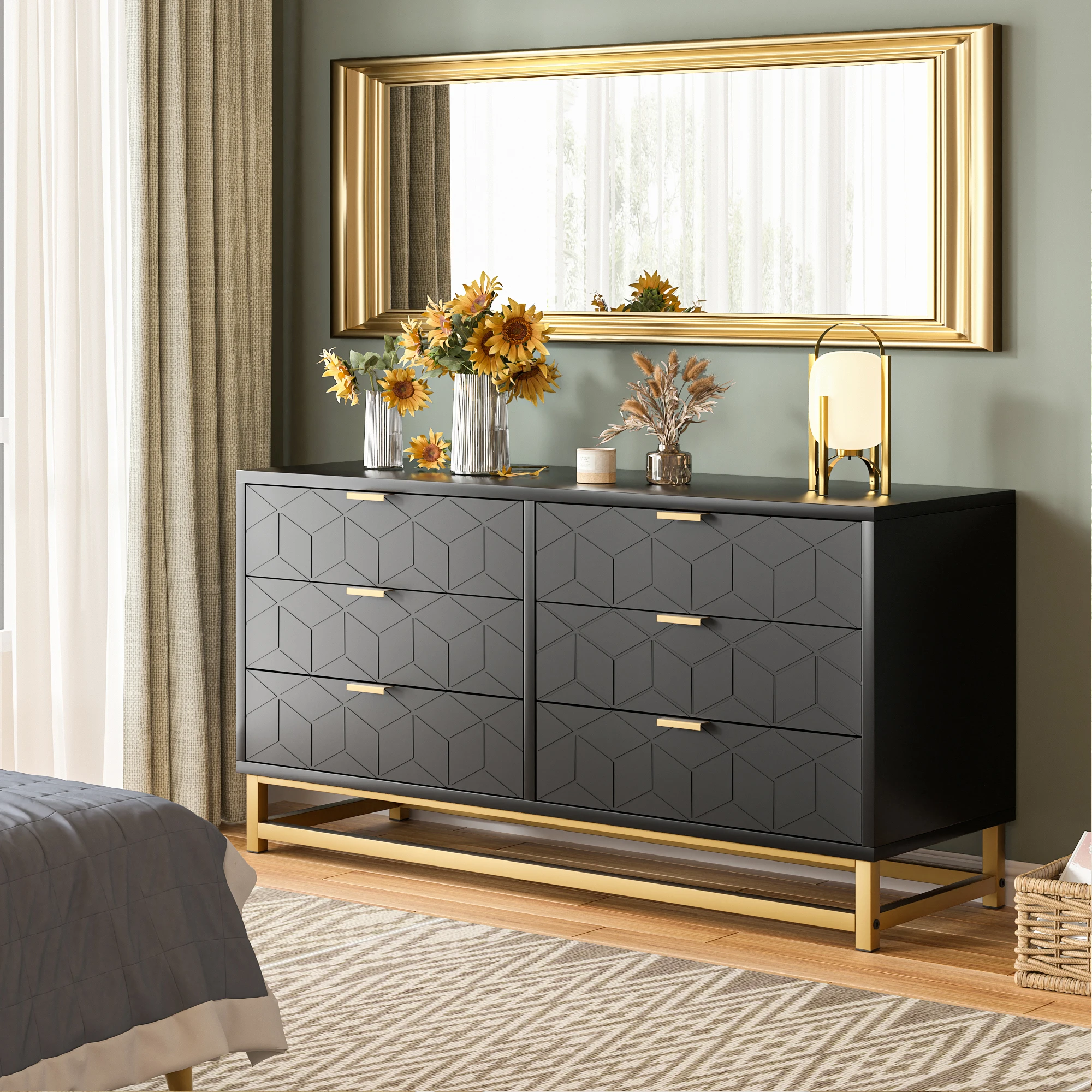 Black 6 Drawer Dresser for Bedroom, Wood Chest of Drawers with Metal Legs, Modern Storage Dresser Chest Cabinet Organizer 3