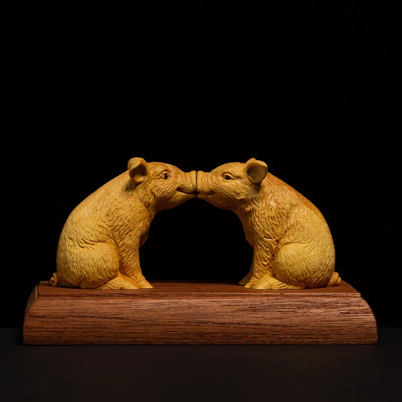 

Boxwood Zodiac Pig Sculpture - "Kiss of Luck" Solid Wood Feng Shui Decor for Home and Office