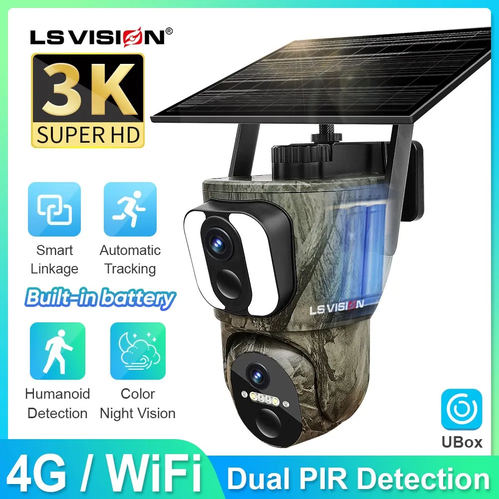 Ls Vision 3K Dual Screen 4G Sim Fotocamera Solare Outdoor 6Mp Wifi Uhd Dual Pir Rilevamento Umano/Animale Auto Tracking Wildlife Camera