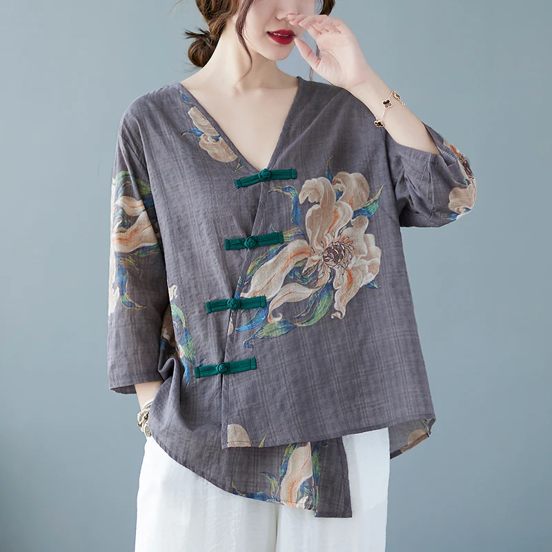 New Traditional Chinese Top Chinese Flower Print Hanfu Clothes Oriental Clothing Traditional Linen Blouse For Women