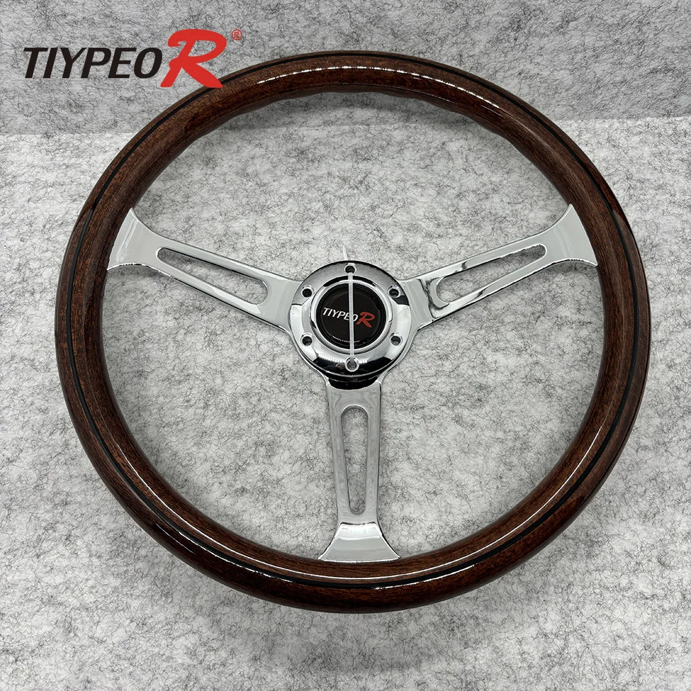 

15inch 380mm Real Wooden Universal 15 Inch Chrome Spoke Classic Vintage Grain Solid Wood Steering Wheel with Horn