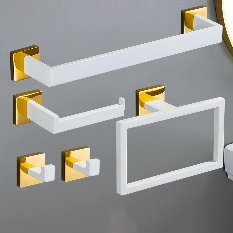Bathroom Hardware Set Accessories Stainless Steel Towel Rack Toilet Paper Holder Hook Bathroom Shelf Organizer Set White Gold