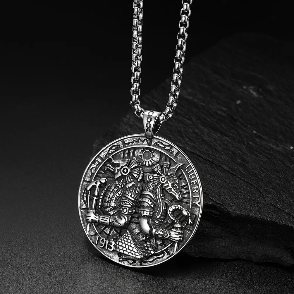 PSJ Fashion Jewelry Vintage Egyptian Death God Anubis Round Pendant Titanium Stainless Steel Necklaces for Men
