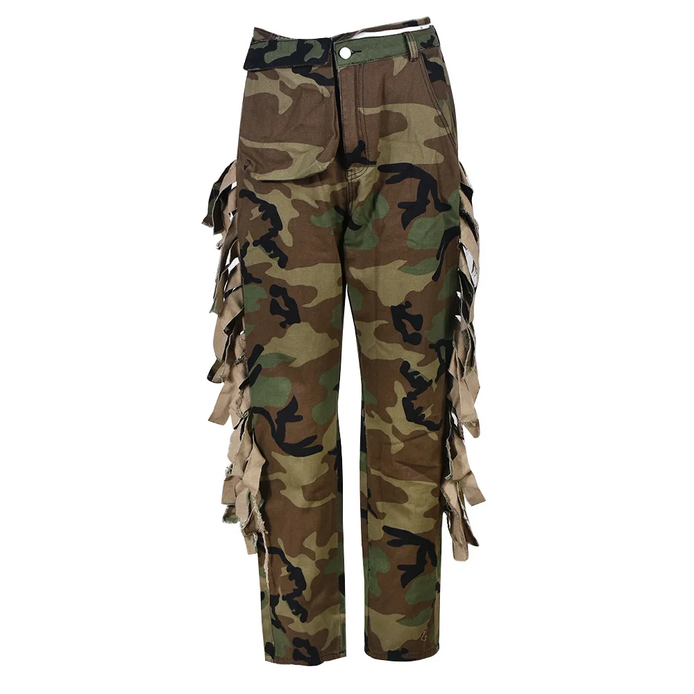 Tassel-Decorated High-Waisted Green Camo Cargo Pants 4