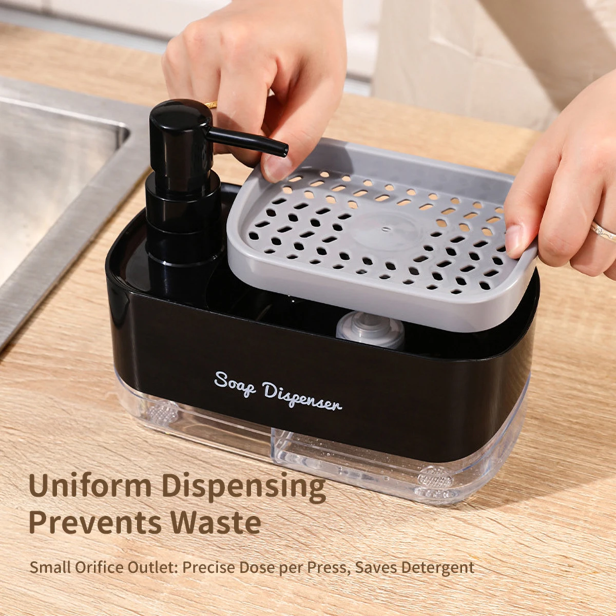 Dishwasher Dispenser, Press Type Manual Soap Dispenser, 2-in-1 Liquid Dispensing Methods, Easy to Detachable and Washable Sponge