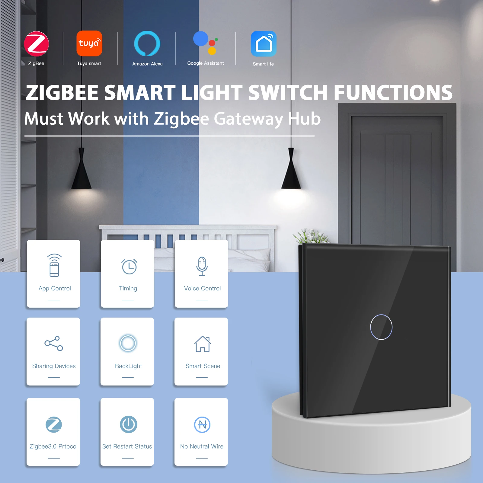 BSEED-Zigbee Touch Switches, 2Way Stairs Wall Switches, Tuya Smart Life, Alexa Yandex Voice Control, No melon al Glass Panel, 1Gang