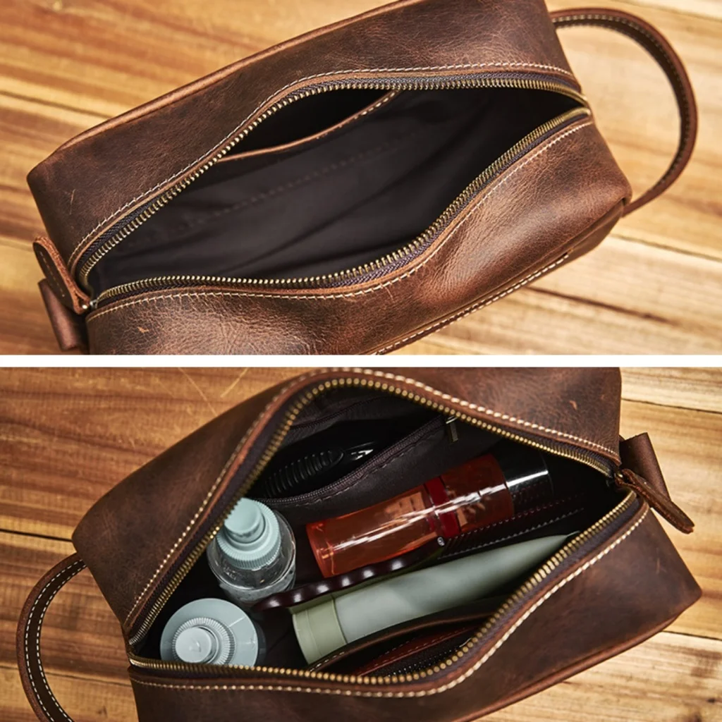 NUPUGOO Genuine Leather Clutch Bag Crazy Horse Skin Cosmetic Bag Multifunctional Wash Bag Leisure Storage Bag 6