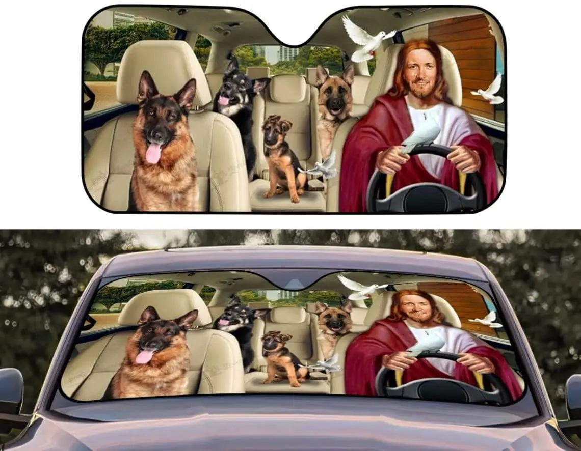 

Jesus and German Shepherd Driving Car Sun Shade for Windshield,Dogs Auto Sun Shade, Car Accessories, Gift for Christian