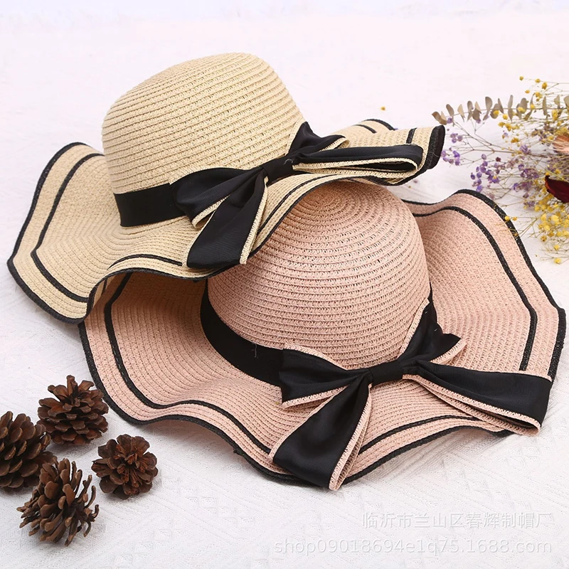 Spring And Summer Woven Straw Hat Women's Versatile Beach Big Edge Bow Sun Shield Hat Noble Style Sun Shield