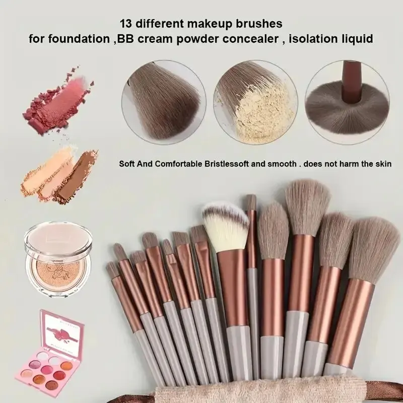 Set di 13 Pennelli da Trucco Morbidi e Soffici, Professionali per Fondotinta, Cipria, Ombretto, Kabuki, Sfumatura, con Borsa Porta Utensili - immagine 3