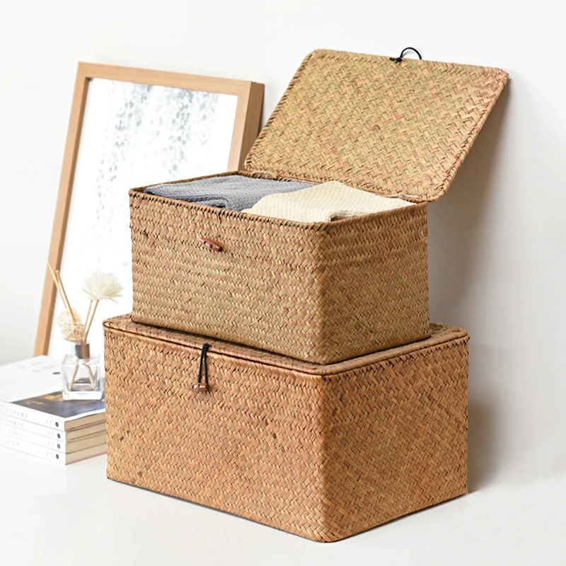 HandWovenNaturalStrawStorageBasketwithLidClothesStorageBox