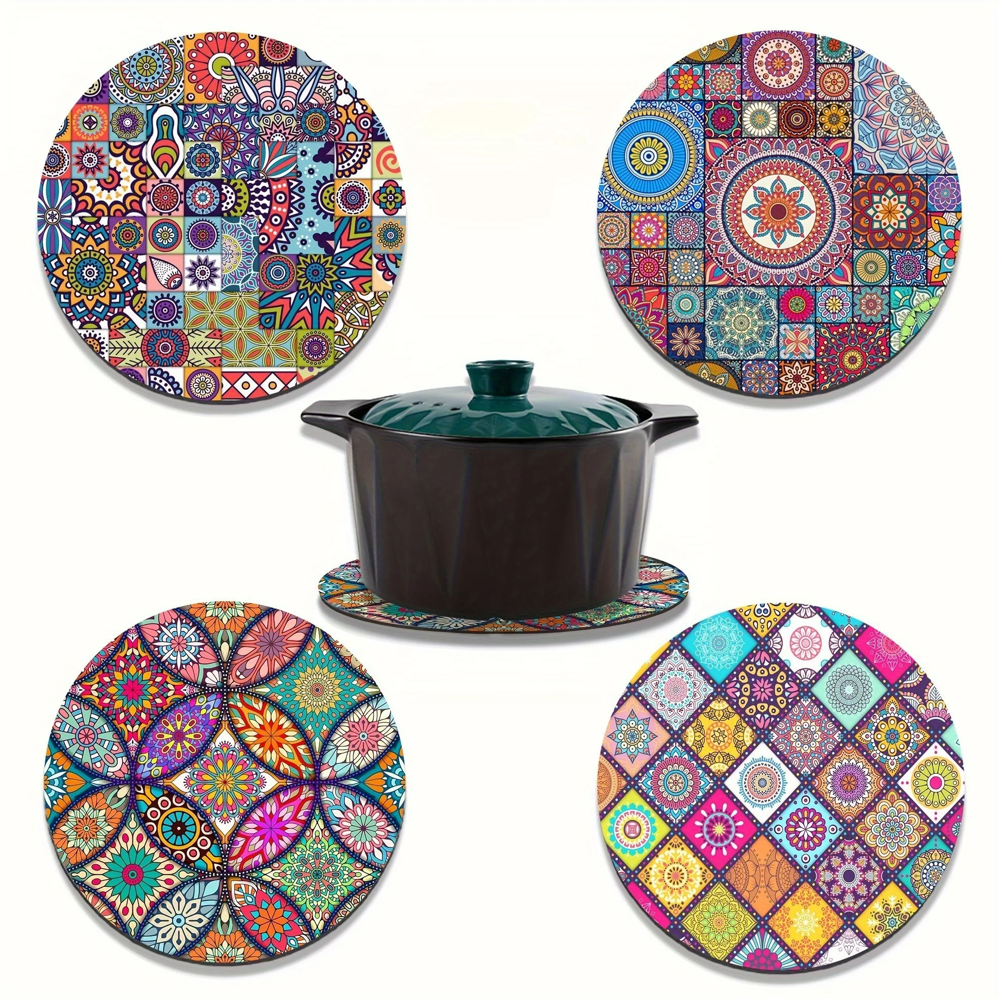 Set of 4 Durable and Heat-Resistant Mandala Wooden Placemats - Stylish, Non-Slip, and Easy to Clean