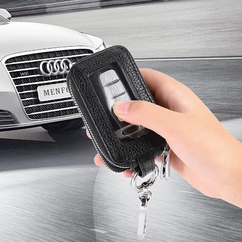 Double-layer Zipper Car Key Case Lychee Pattern Top Layer Cowhide Genuine Leather Chain Large Capacity Unisex