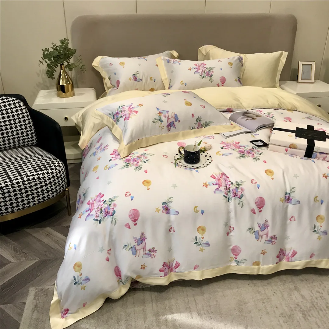 

Новинка 2023 г., Длинные степлерные постельные принадлежности из четырех частей с рисунком растений, универсальные всесезонные роскошные постельные принадлежности для дома, белого и желтого цвета