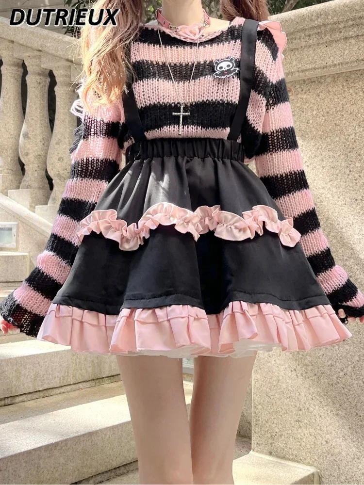 

Lolita Kawaii Ruffled Skirts Women's High Waist Suspender Skirt Sets for Women 2024 New Spring Summer Sweater Pleated Skirt Suit