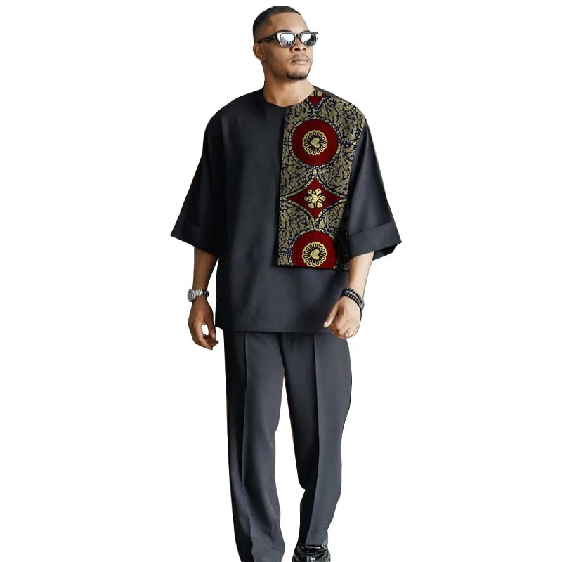 3/4 Sleeves African Clothes Black Men Loose Set Nigerian Style Patchwork Tops With Pant Tailor Made Party Outfit