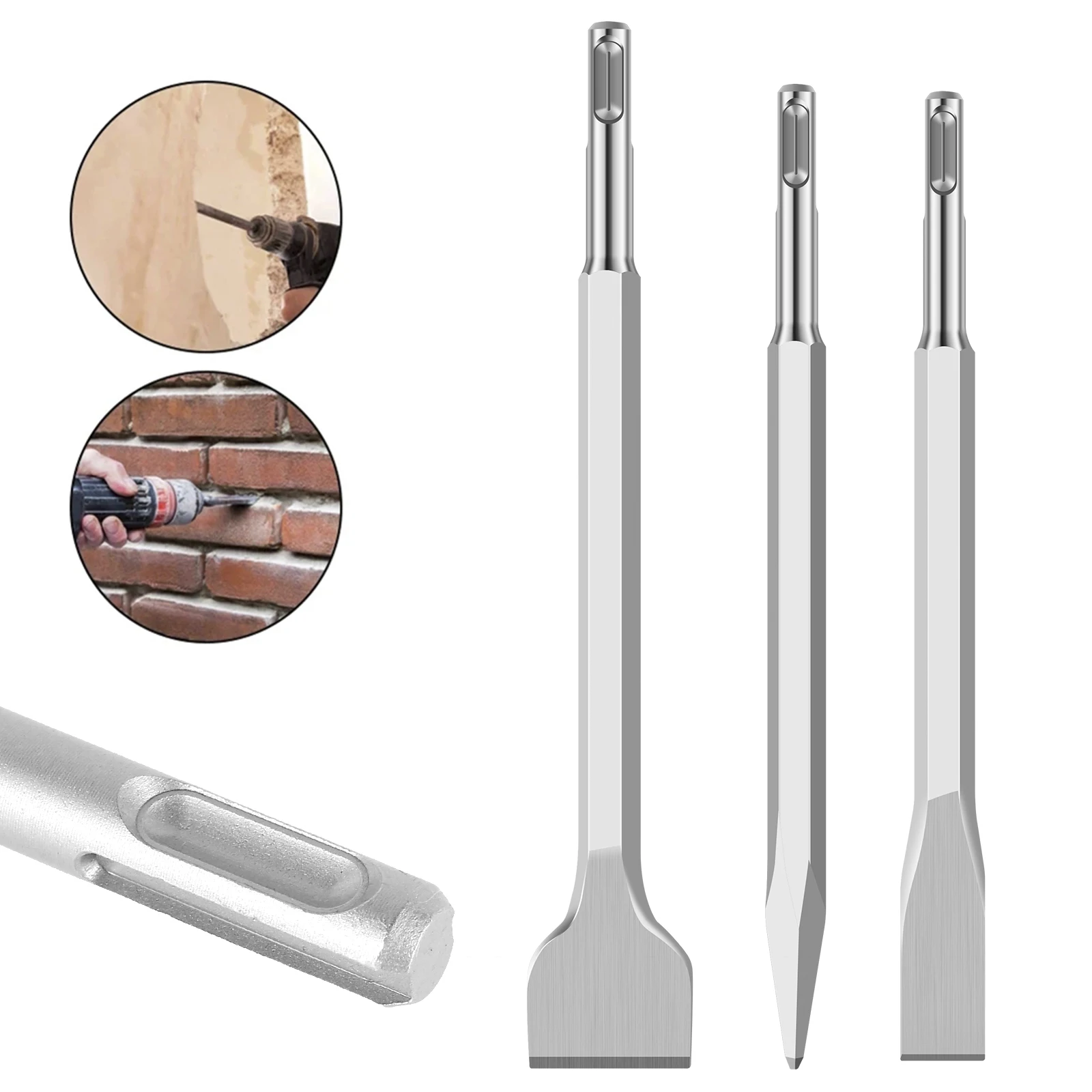 

3Pcs Chisel Drill Bit Tempered Steel Point Chisel Hex Shank Flat Chisel Rotary Hammer Spade Chisel Tile Removal Chisel Kit with