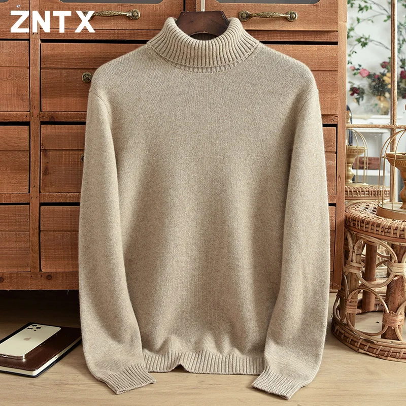 

New winter must-have thickened pure cashmere sweater men's turtleneck solid color casual pullover warm lapel sweater sales