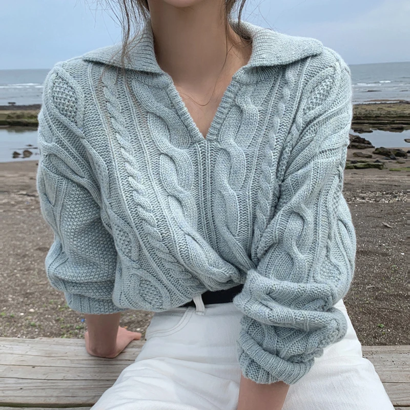 

Vintage Women's Solid Color Knitted Sweater Pullover Autumn Winter Casual Lapel Loose Versatile Soft Sweet Top Women's Sweater