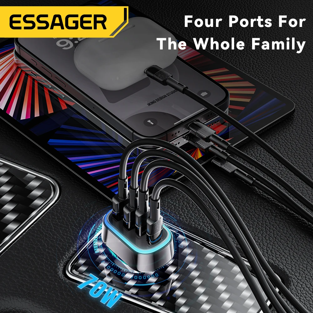 Essager 70W Car Charger Quick Charge 3.0 4.0 PPS USB Type C Fast Charging Car Phone Charger For iPhone 15 14 Xiaomi Samsung S23