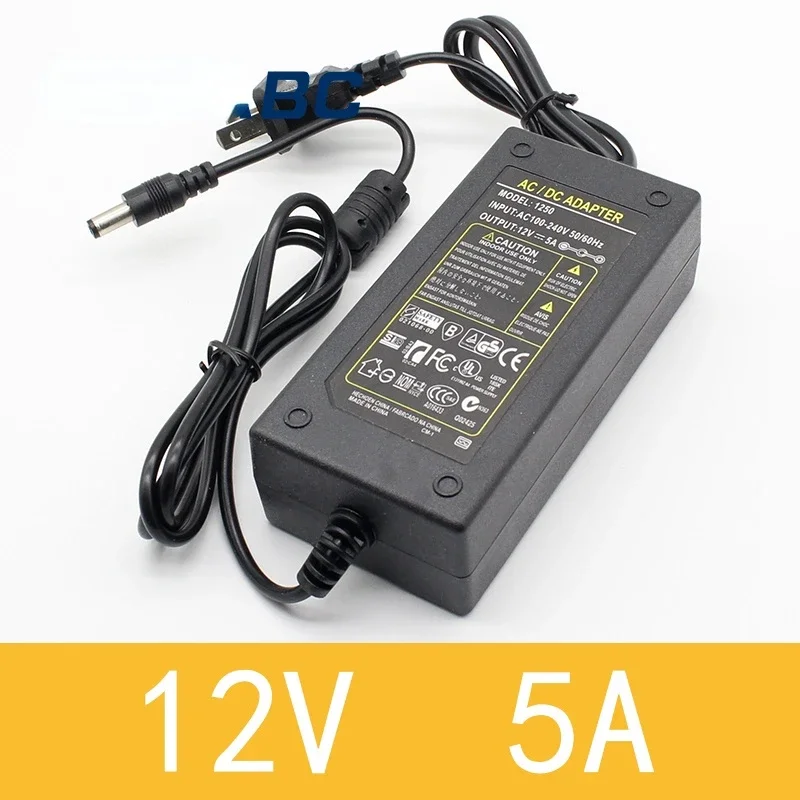 Adaptador de Alimentação, DC Plug Converter, 12V, 5A, CA 100V-240V, 60W, DC 12V 5A, 2.1mm-2.5mm x 5.0mm, Novo, 1PC