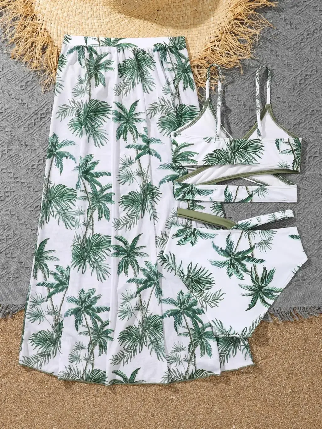 Girl 3pack Palm Tree Print Bikini Swimsuit with Beach Skirt Children's Swimwear for 7-12 Years Swimming Bathing Suit