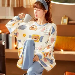 QWEEK Kawaii Bear Cartoon Pajamas Two Piece Set Spring Nightwear Sleepwear for Sleeping Pijamas Home Suit Loungewear Pyjamas