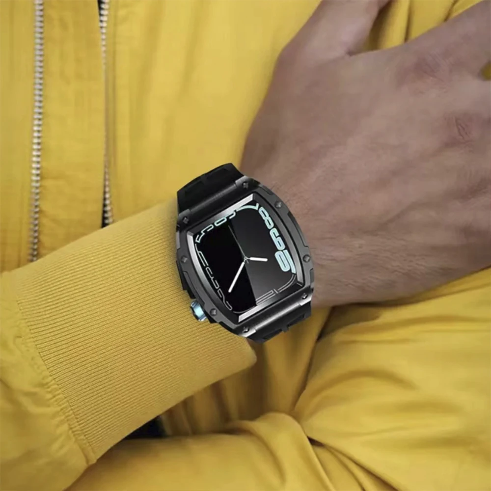 Retrofit Kit Strap for Apple Watch Band 45mm 44mm Rubber Strap + Stainless Steel Mod Kit Protective Cover for iWatch 8 7 6 5 4SE