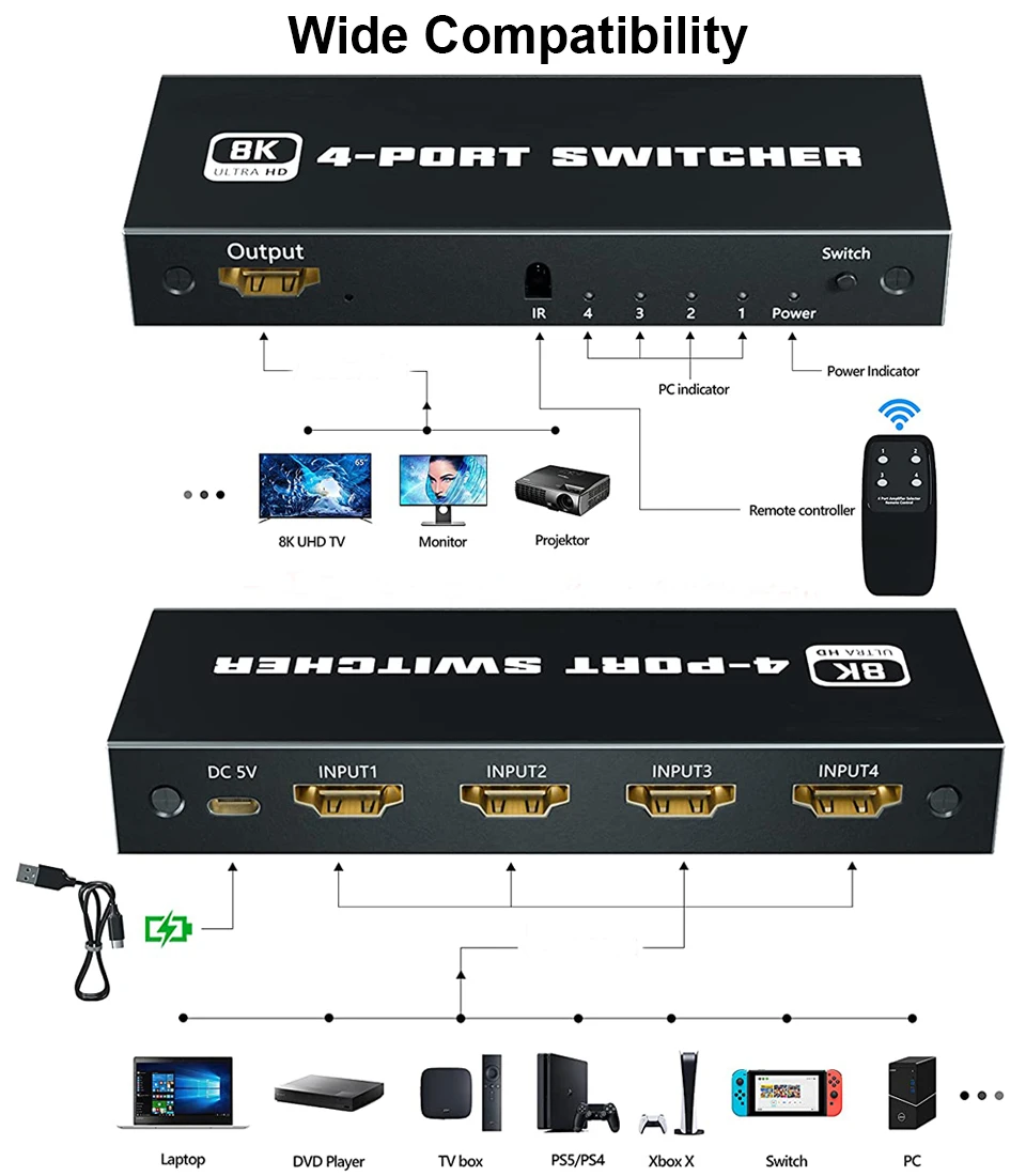 Interruptor HDMI 2.1 8K HDMI Switcher Splitter, 4K 120Hz Aluminio  bidireccional HDMI Switch 2 en 1 Salida o 1 en 2 Salida HDR Ultra HD 48Gbps  8K