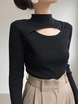 الخريف الشتاء مثير الجوف خارج النساء البلوزات ضئيلة Vintage البلوز لينة الدافئة سحب الإناث عارضة الياقة المدورة البلوفرات محبوك القمم 3