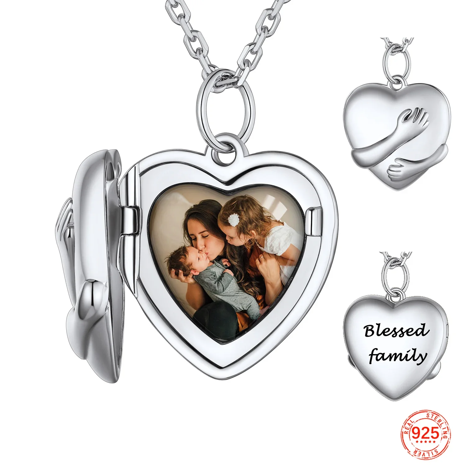 

U7 925 Silver Heart Locket for Women Custom Hug Hugging Hands Your Photo Necklace Memorial Pictures Personalized Jewelry