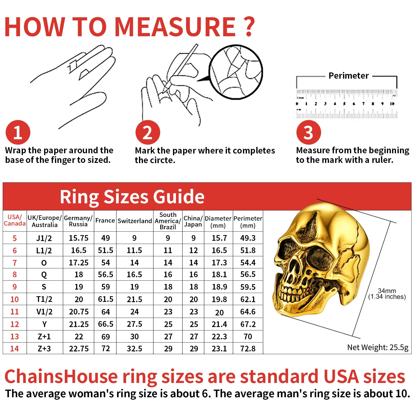 ChainsPro Gothic Skull Rings Stainless Steel 18K Gold Black Plated Band Skeleton Punk for Men Women Size 7-14 CP743