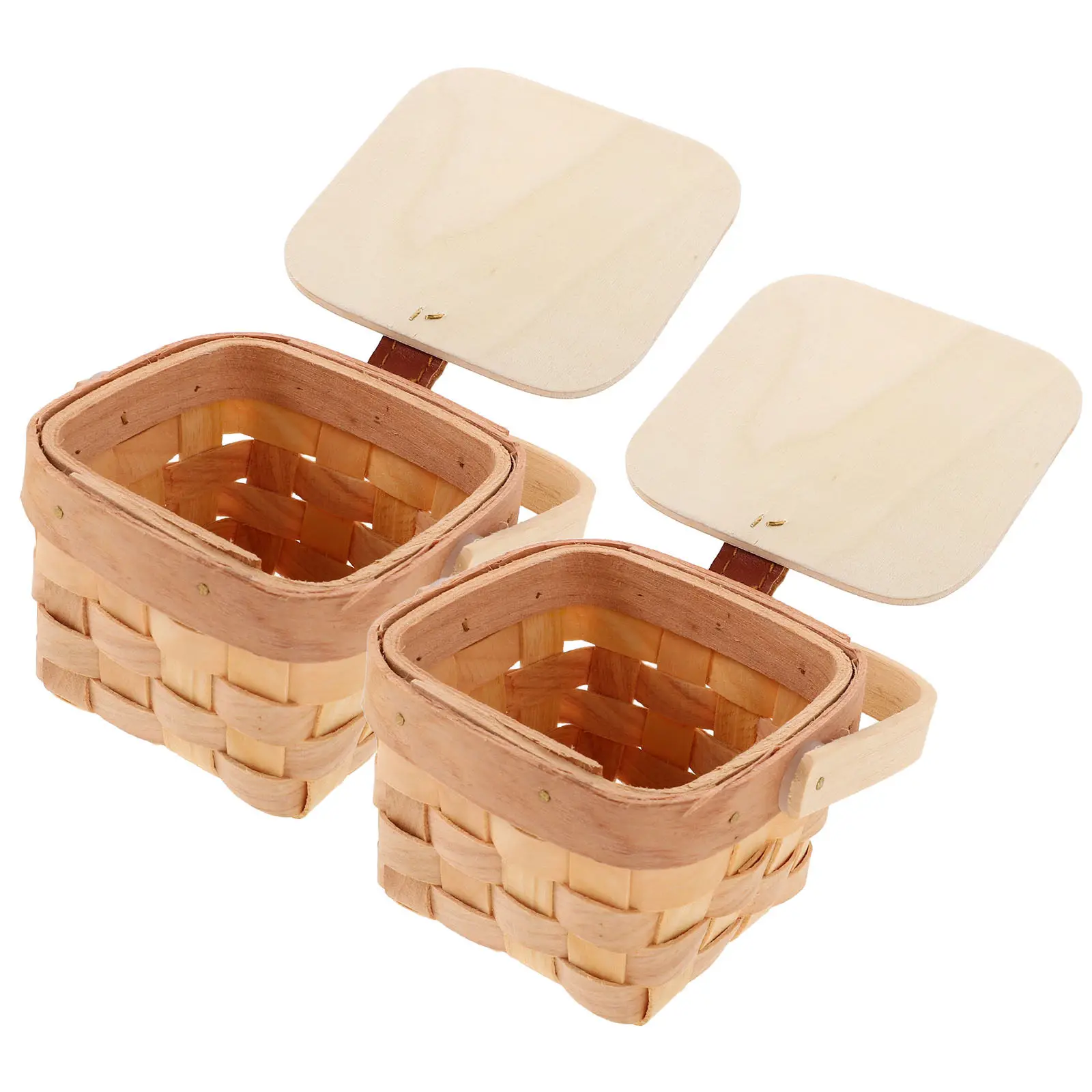 손잡이가 있는 2Pcs 미니 짠 바구니 천연 나무 경량 어린이 DIY 공예 보관함 농가 피크닉 사탕 홀더 파티 선물