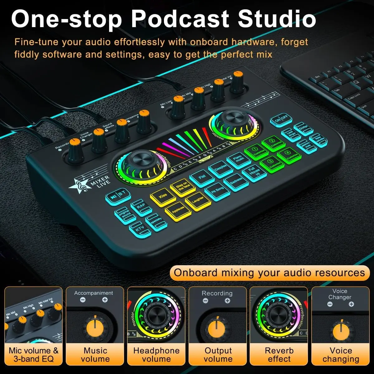 Sound Card Audio Interface Audio Mixer Gaming Audio Mixer Streaming Mixer with Audio Interface BT Sound Board Voice Changer Sound Card for PC Phone Live Streaming