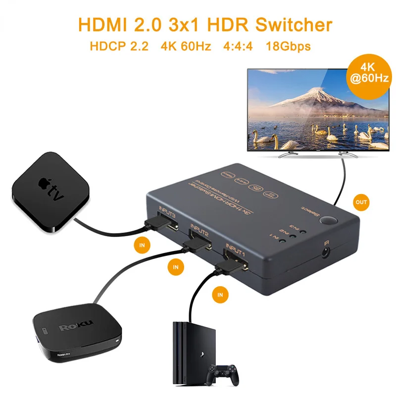 3 In 1 Out HDMI-compatible 2.0 Switch 4K 60Hz HDR HDCP 2.2 Dolby Vision 1080P 3D, 3x1 5 Ports 2.0 Switcher with IR Remote 2x2 hdmi 2 0 switch switcher splitter 4k 60hz yuv 4：4：4 optical spdif 3 5mm jack audio extractor with ir remote control