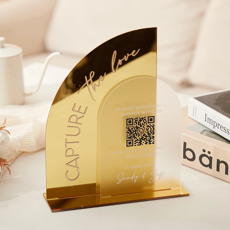 QR Code Photos Sign,Capture The Love QR Sign,Wedding Code Sign,Gold Mirror Wedding Sign,Reception Table Sign,Table Decor