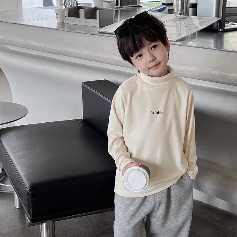 

Kids Bottoming shirt Winter brief Letters velvet Turtleneck T-shirts Boys thicken warm pullover